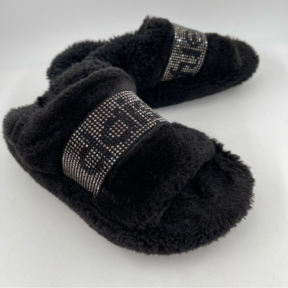 Daisy Fuentes Women’s Rhinestone Signature Black Faux Fur Soft Slippers - SZ 7